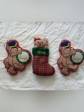 Set of 3 Vintage Harrods Holiday Christmas Bear Felt Ornaments
